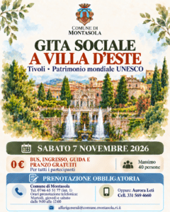 Locandina della gita sociale a Villa d’Este del 7 novembre 2026, organizzata dal Comune di Montasola: bus, ingresso, guida e pranzo gratuiti, 40 posti e prenotazione obbligatoria.