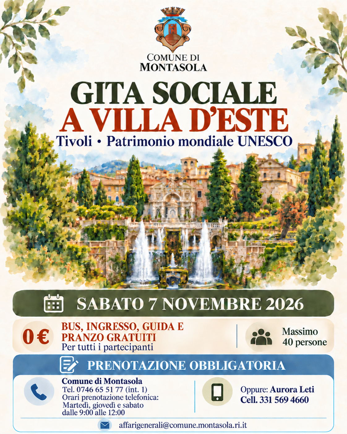 Locandina della gita sociale a Villa d’Este del 7 novembre 2026, organizzata dal Comune di Montasola: bus, ingresso, guida e pranzo gratuiti, 40 posti e prenotazione obbligatoria.